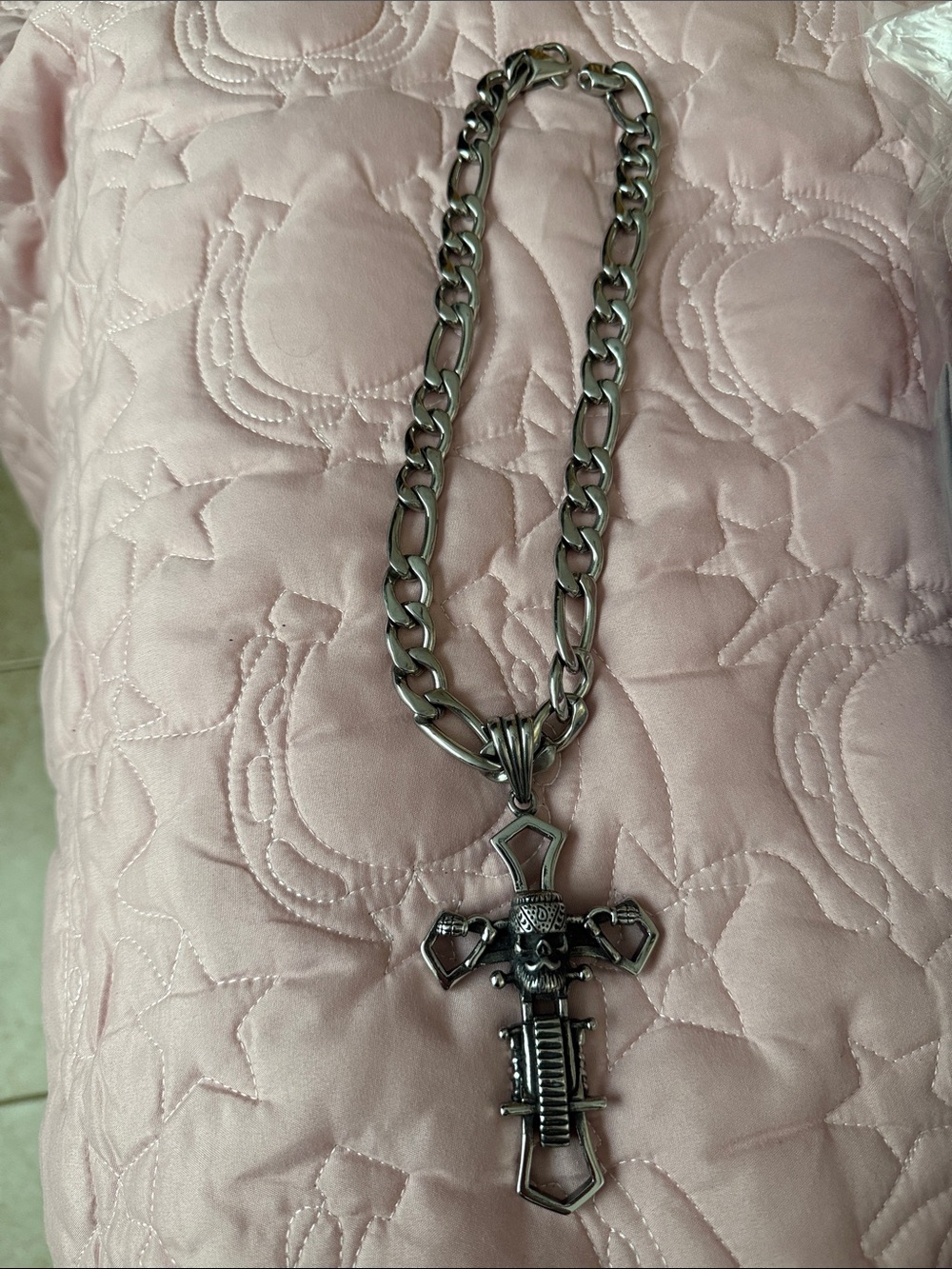 Men's Silver Skull Cross Pendant Necklace - Biker Bearded Skull Design